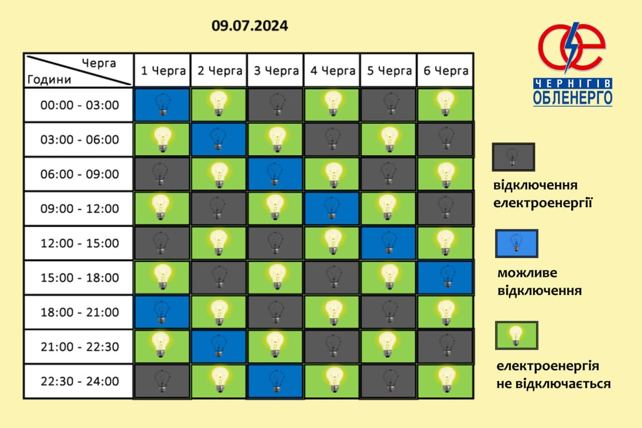 Графіки погодинних відключень на 9 липня: хто і коли залишиться без світла