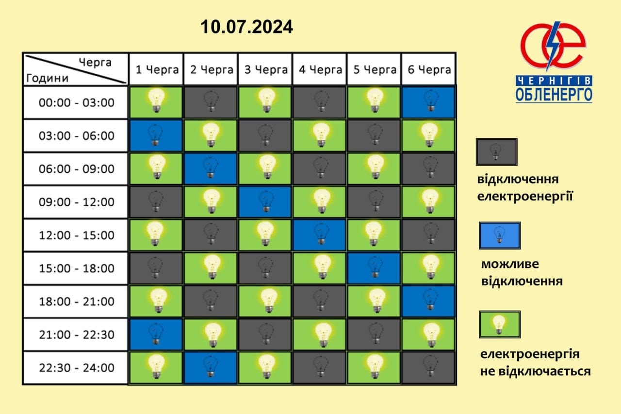 Графіки погодинних відключень на 10 липня: хто і коли залишиться без світла