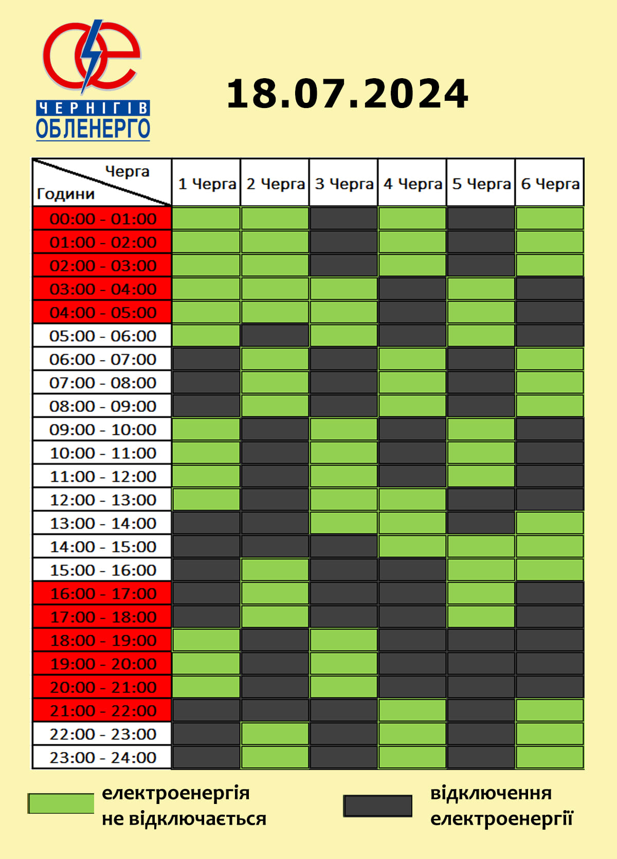 Графіки погодинних відключень на 18 липня: хто і коли залишиться без світла
