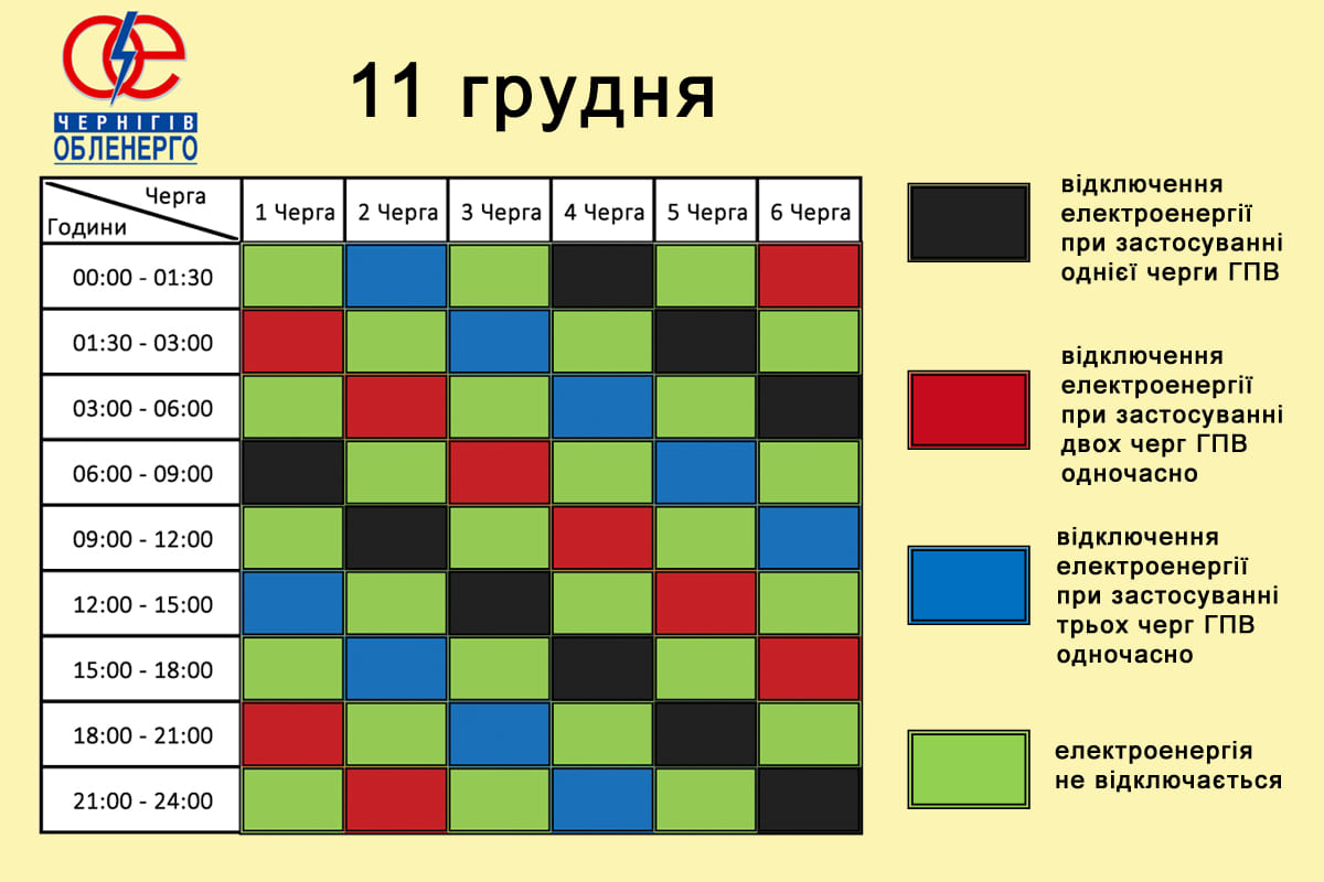 Графіки погодинних відключень на 11 грудня: хто і коли залишиться без електрики