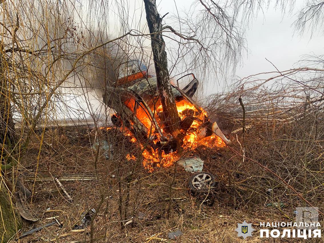 Автівка врізалася в дерево та загорілася: на Чернігівщині внаслідок ДТП загинув водій легковика. ФОТО